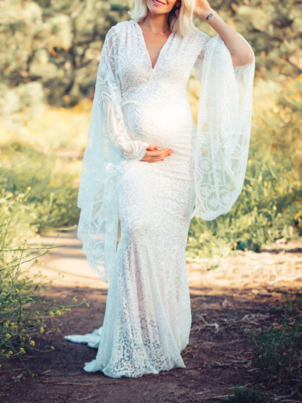 fotobeyou White Lace Trumpet V-Neck Flare Sleeve Bodycon Prom Wedding Gown Photoshoot Maternity Maxi Dress