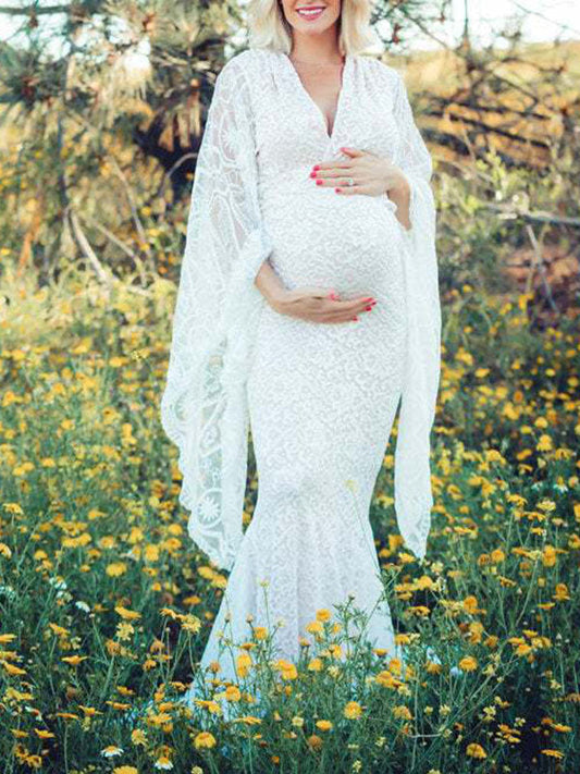 fotobeyou White Lace Trumpet V-Neck Flare Sleeve Bodycon Prom Wedding Gown Photoshoot Maternity Maxi Dress