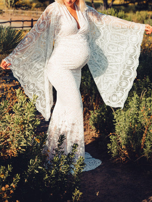 fotobeyou White Lace Trumpet V-Neck Flare Sleeve Bodycon Prom Wedding Gown Photoshoot Maternity Maxi Dress