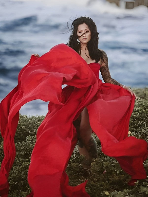 fotobeyou Chiffon Bandeau Flowy Slit Side Wrap Tulle Irregular Photoshoot Maternity Maxi Dress