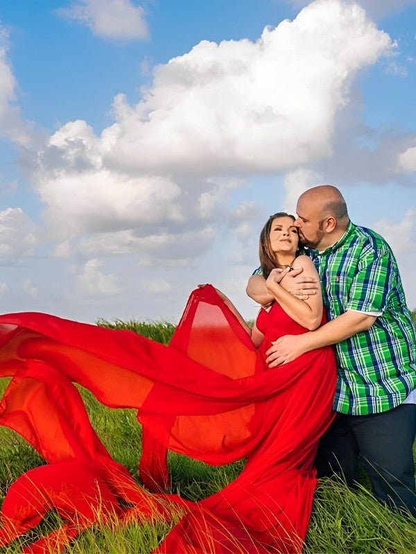 fotobeyou Chiffon Bandeau Flowy Slit Side Wrap Tulle Irregular Photoshoot Maternity Maxi Dress