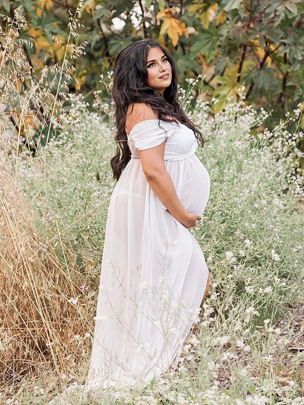 fotobeyou White Off-shoulder Grenadine Cross Chest Maternity Photoshoot Maxi Dress