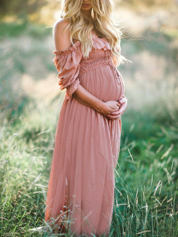fotobeyou Pink Boho Flowy Bump Friendly Off Shoulder Photoshoots Maxi Dress