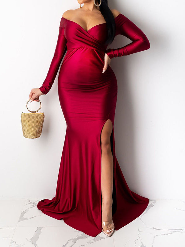 fotobeyou Off Shoulder Long Sleeve Slit Bodycon Solid Baby Shower Party Evening Gown Maternity Maxi Dress