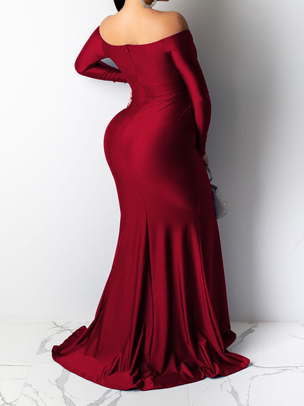 fotobeyou Off Shoulder Long Sleeve Slit Bodycon Solid Baby Shower Party Evening Gown Maternity Maxi Dress