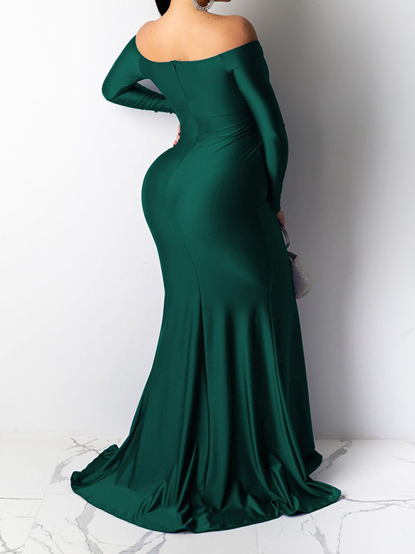 fotobeyou Green Off Shoulder Long Sleeve High Split Bodycon Solid Baby Shower Evening Gown Maternity Maxi Dress