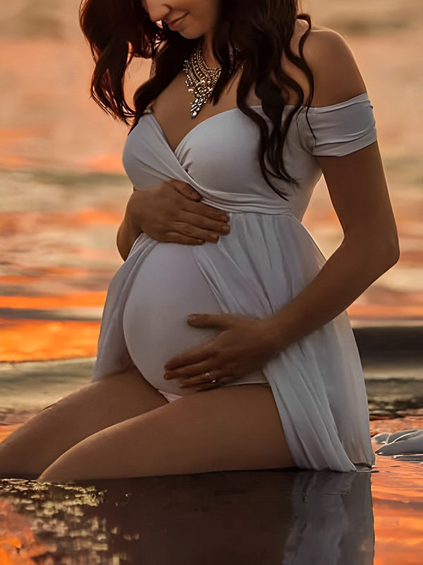 fotobeyou White Tulle Off Shoulder V-Neck Cap Sleeve Bodysuit Flowy Plus Size Photoshoot Maternity Maxi Dress