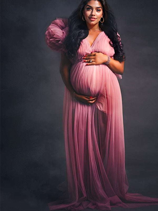 fotobeyou Tulle Ruffle V-neck Slit Plus Size Photoshoot Baby Shower Maternity Maxi Dress