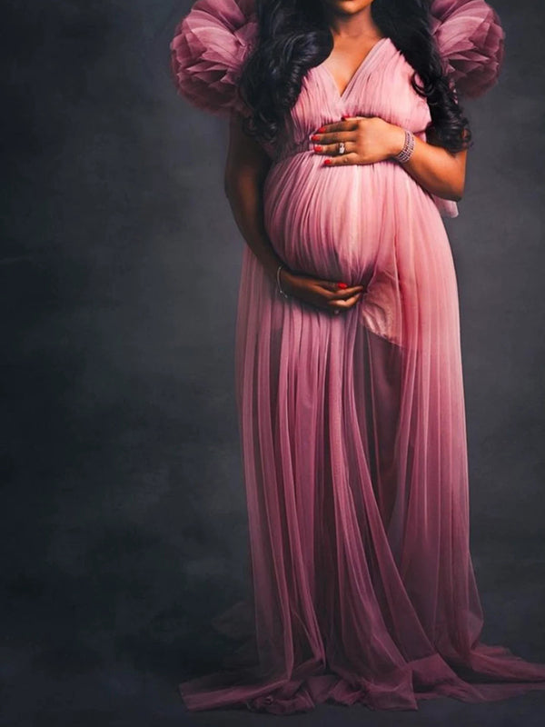 fotobeyou Tulle Ruffle V-neck Slit Plus Size Photoshoot Baby Shower Maternity Maxi Dress