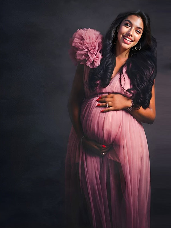 fotobeyou Tulle Ruffle V-neck Slit Plus Size Photoshoot Baby Shower Maternity Maxi Dress