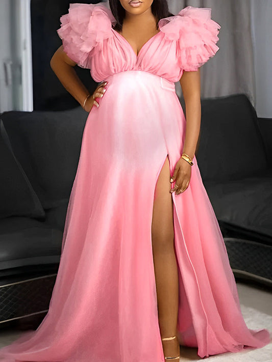 fotobeyou Tulle Ruffle V-neck Slit Plus Size Photoshoot Baby Shower Maternity Maxi Dress