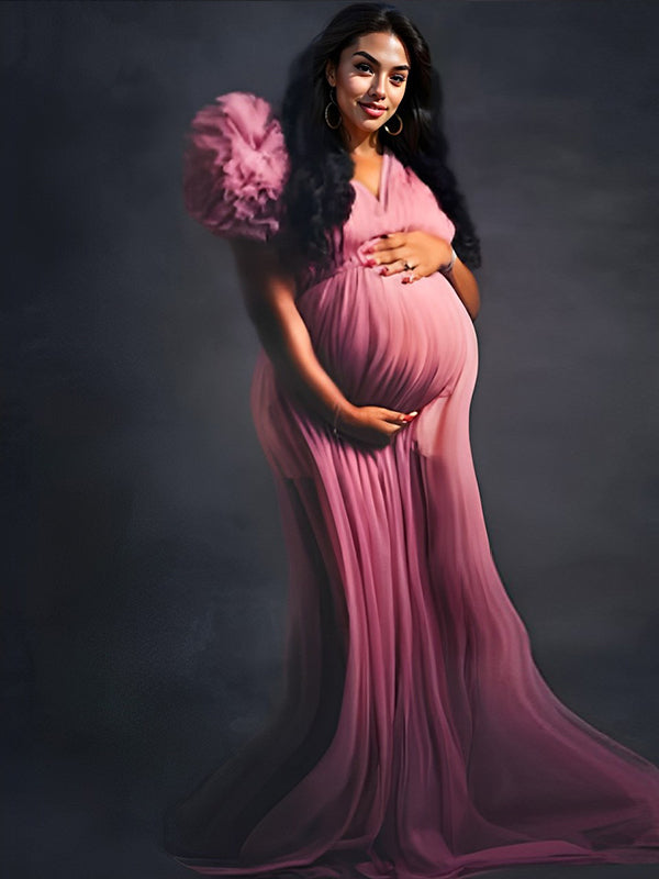 fotobeyou Tulle Ruffle V-neck Slit Plus Size Photoshoot Baby Shower Maternity Maxi Dress