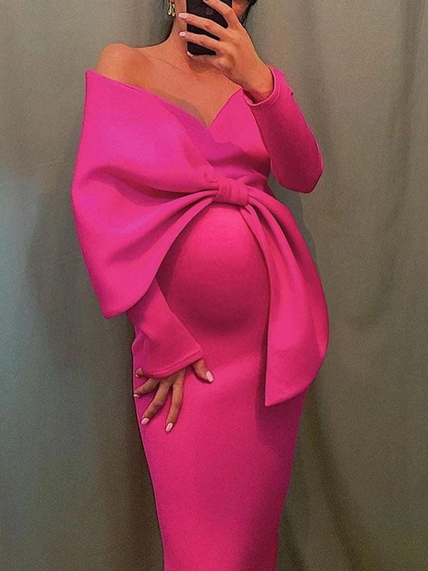 fotobeyou Off Shoulder Irregular Ruffle Bowknot V-Neck Long Sleeve Slit Bodycon Party Baby Shower Cute Plus Size Maternity Maxi Dress