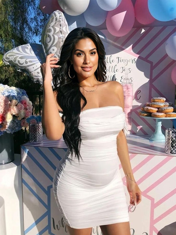 fotobeyou White Grenadine Mesh Off Shoulder Ruffle Cap Sleeve Bodycon Cute Gender Reveal Maternity Mini Dress