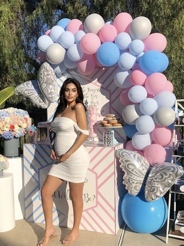fotobeyou White Grenadine Mesh Off Shoulder Ruffle Cap Sleeve Bodycon Cute Gender Reveal Maternity Mini Dress