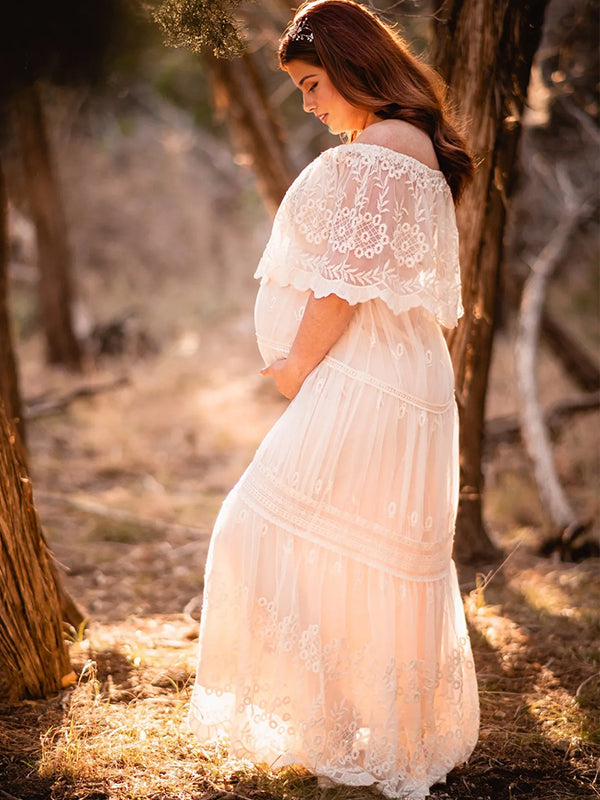 fotobeyou White Off Shoulder Lace Elegant Maternity Photoshoot Maxi Dress