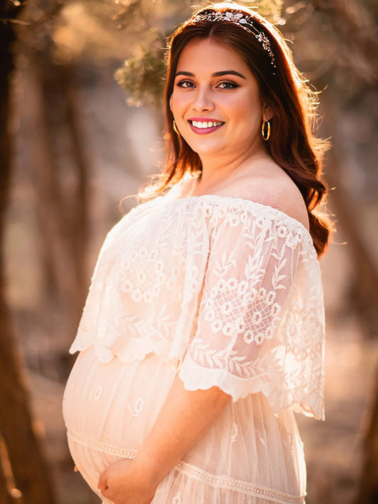fotobeyou White Off Shoulder Lace Elegant Maternity Photoshoot Maxi Dress