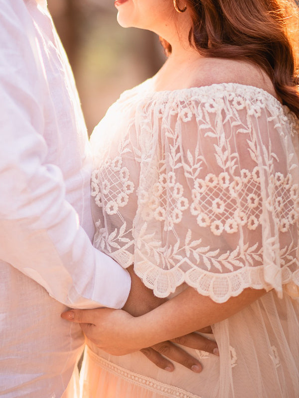 fotobeyou White Off Shoulder Lace Elegant Maternity Photoshoot Maxi Dress