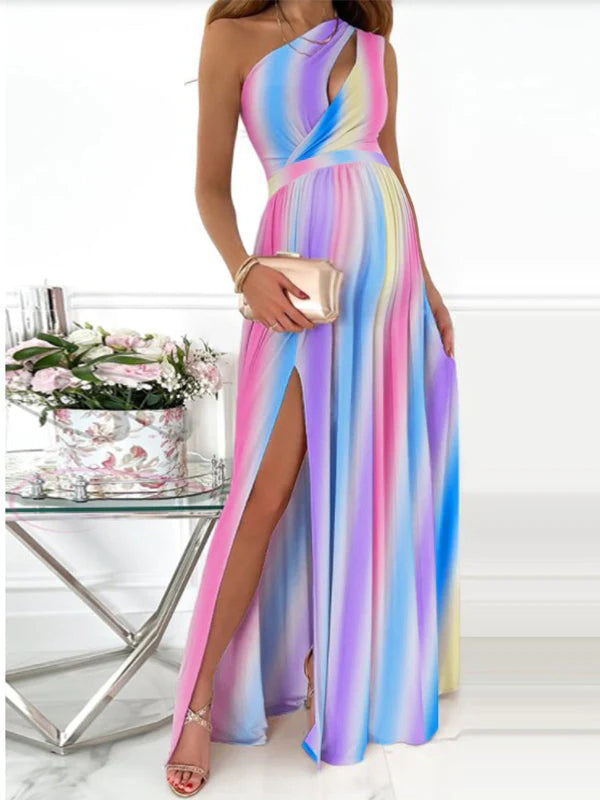 fotobeyou Rainbow Pink & Blue Off Shoulder Cut Out Ruffle Slit Side Irregular Gender Reveal Dress Maternity Maxi Dress