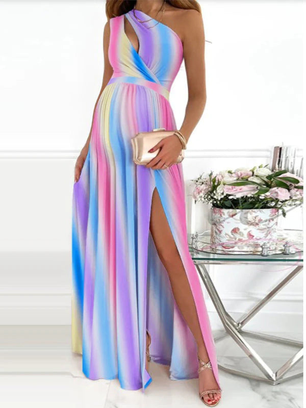 fotobeyou Rainbow Pink & Blue Off Shoulder Cut Out Ruffle Slit Side Irregular Gender Reveal Dress Maternity Maxi Dress