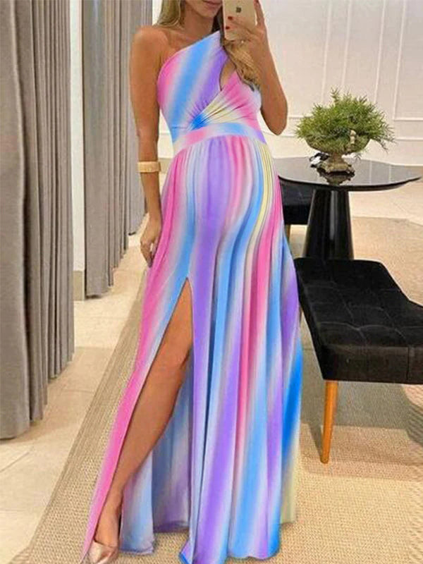 fotobeyou Rainbow Pink & Blue Off Shoulder Cut Out Ruffle Slit Side Irregular Gender Reveal Dress Maternity Maxi Dress