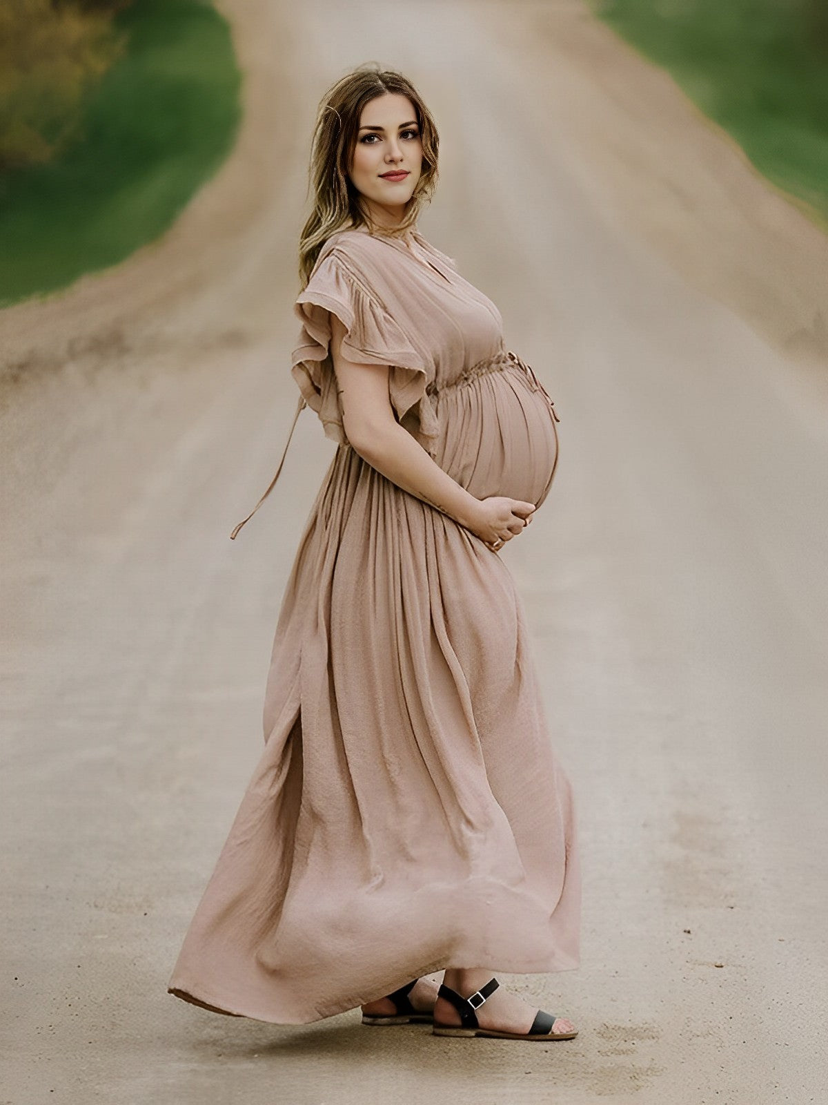 fotobeyou Khaki Bohemian Drawstring Single Breasted Maternity Photoshoot Baby Shower Maxi Dress
