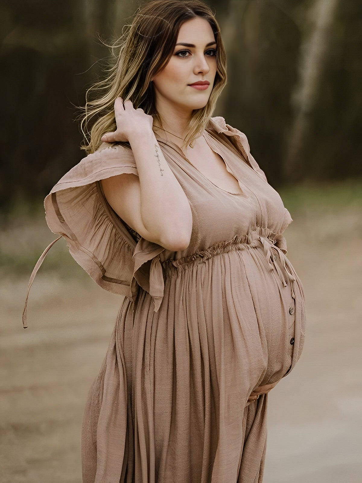 fotobeyou Khaki Bohemian Drawstring Single Breasted Maternity Photoshoot Baby Shower Maxi Dress