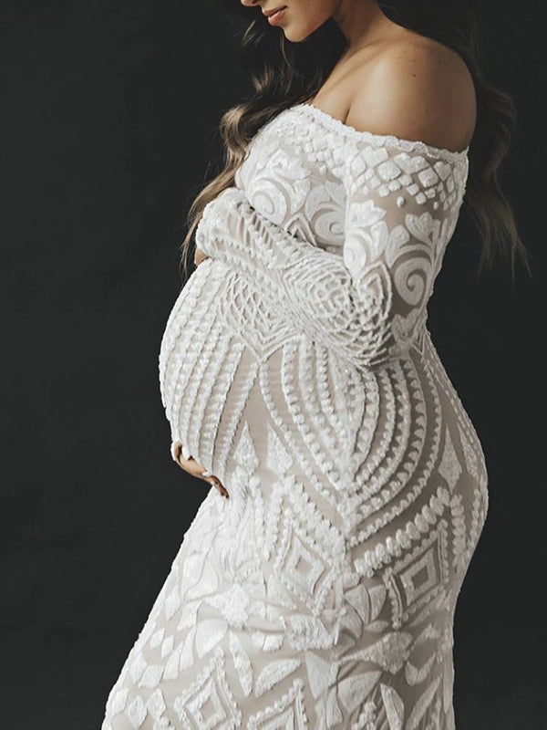 fotobeyou White Lace Sequin Off Shoulder Mermaid Bodycon Wedding Gown Baby Shower Elegant Foamal Maternity Photoshoot Maxi Dress