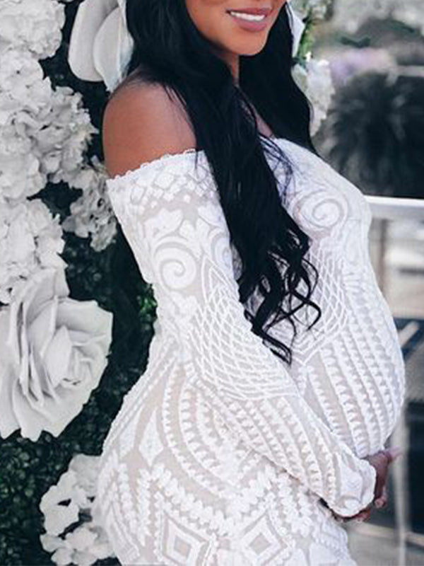 fotobeyou White Lace Sequin Off Shoulder Mermaid Bodycon Wedding Gown Baby Shower Elegant Foamal Maternity Photoshoot Maxi Dress