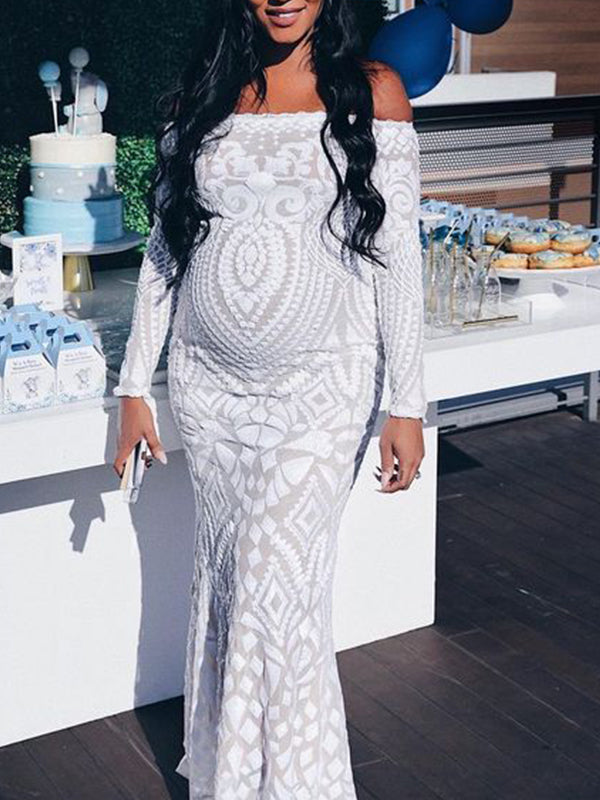 fotobeyou White Lace Sequin Off Shoulder Mermaid Bodycon Wedding Gown Baby Shower Elegant Foamal Maternity Photoshoot Maxi Dress