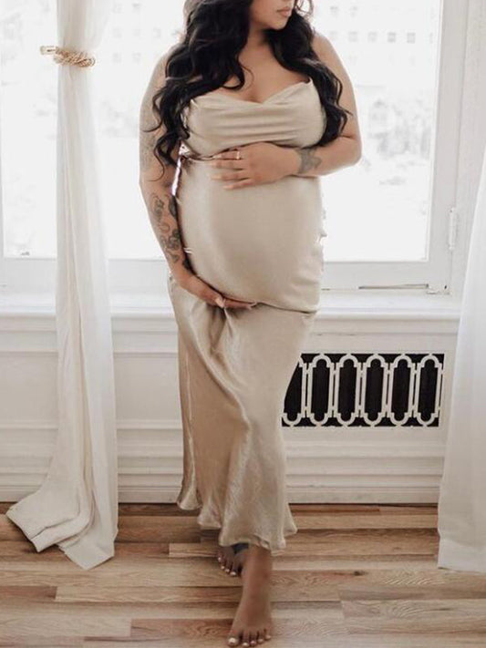 fotobeyou Satin Spaghetti Strap Tie Back Backless Trumpet Party Bodycon Plus Size Baby Shower Maternity Maxi Dress