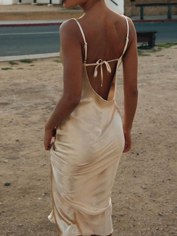 fotobeyou Satin Spaghetti Strap Tie Back Backless Trumpet Party Bodycon Plus Size Baby Shower Maternity Maxi Dress
