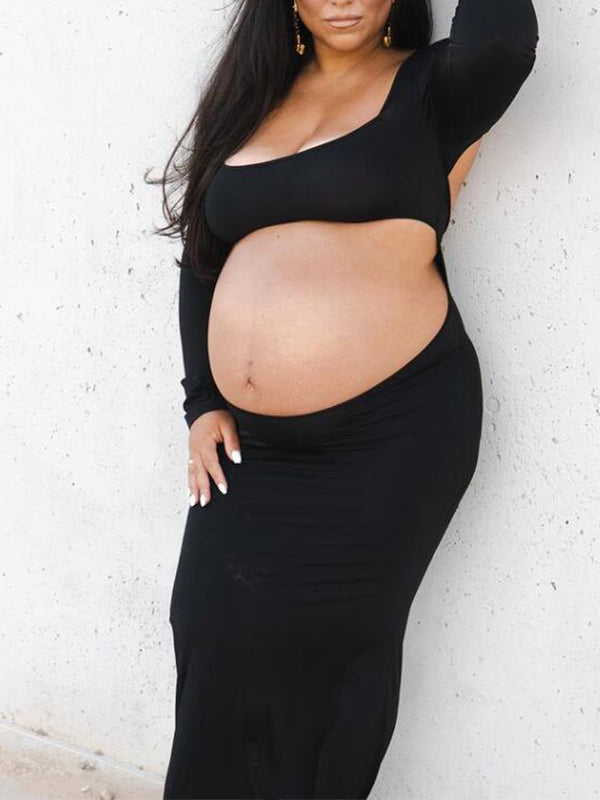 fotobeyou Black Cut Out Mermaid Crop Long Sleeve Backless Bodycon Cocktail Club Party Photoshoot Maternity Maxi Dress