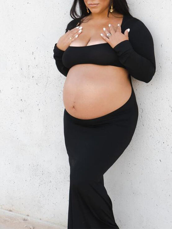 fotobeyou Black Cut Out Mermaid Crop Long Sleeve Backless Bodycon Cocktail Club Party Photoshoot Maternity Maxi Dress