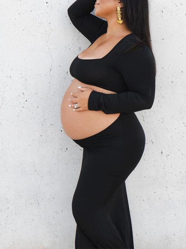 fotobeyou Black Cut Out Mermaid Crop Long Sleeve Backless Bodycon Cocktail Club Party Photoshoot Maternity Maxi Dress