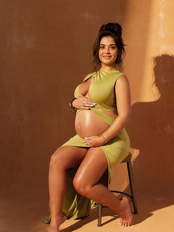 fotobeyou Olive Cut Out Irregular Split Ruffle Side Slit Bodycon Chic Photoshoot Maternity Maxi Dress