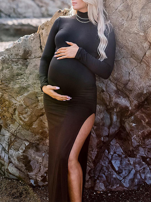 fotobeyou Black High Neck Side Slit Bodycon Long Sleeve Baby Shower Maternity Maxi Dress