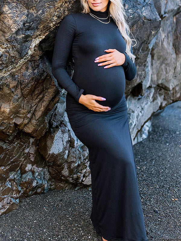 fotobeyou Black High Neck Side Slit Bodycon Long Sleeve Baby Shower Maternity Maxi Dress