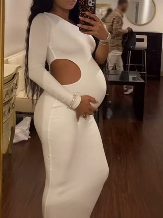 fotobeyou One Shoulder Cut Out Irregular Bodycon Long Sleeve Fashion Baby Shower Maternity Maxi Dress