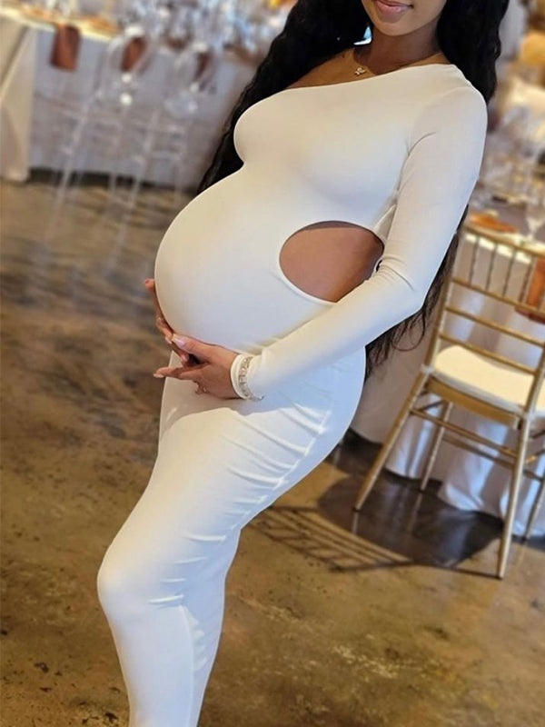 fotobeyou One Shoulder Cut Out Irregular Bodycon Long Sleeve Fashion Baby Shower Maternity Maxi Dress