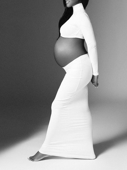 fotobeyou Solid Color Ruffle High Neck Crop Top 2-in-1 Long Sleeve Bodycon Club Party Photoshoot Maternity Maxi Dress