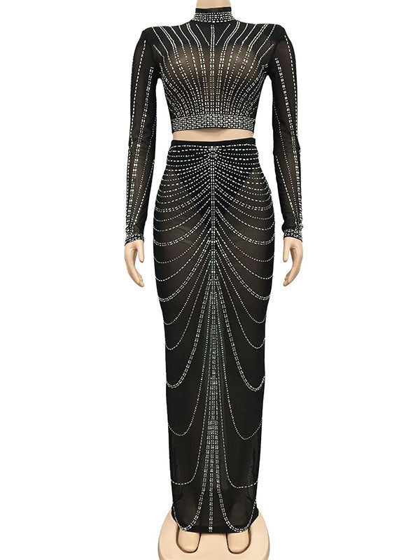 fotobeyou Black Mesh Rhinestone High Neck Crop 2-in-1 Midriff Bodycon Long Sleeve Photoshoot Evening Plus Size Maternity Maxi Dress