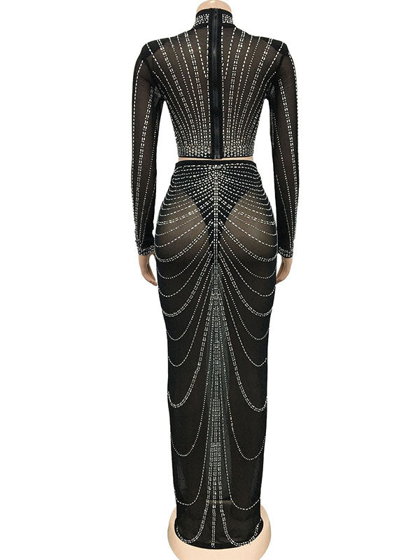 fotobeyou Black Mesh Rhinestone High Neck Crop 2-in-1 Midriff Bodycon Long Sleeve Photoshoot Evening Plus Size Maternity Maxi Dress