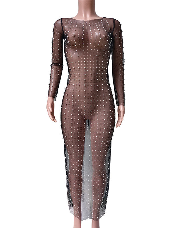 fotobeyou Mesh Solid Color Beading Pearl Rhinestone Long Sleeve Cover-ups Side Slit Photoshoot Maternity Maxi Dress