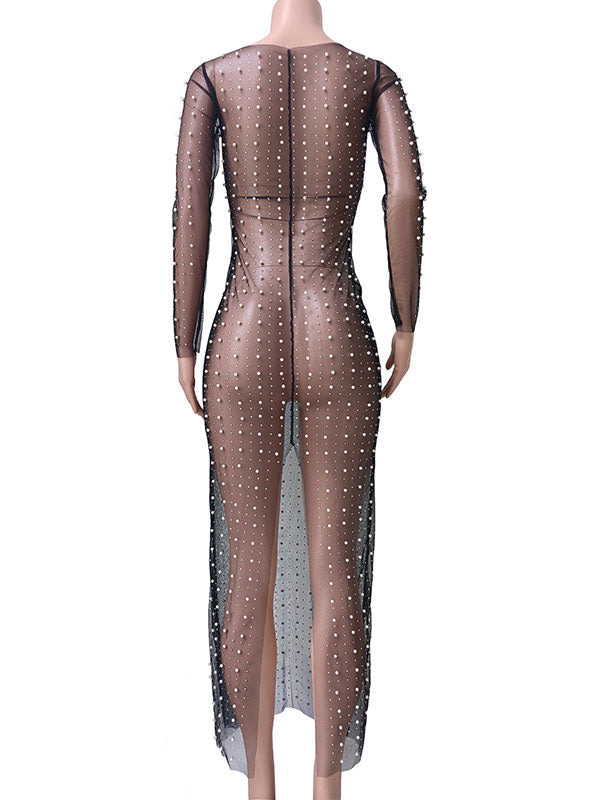 fotobeyou Mesh Solid Color Beading Pearl Rhinestone Long Sleeve Cover-ups Side Slit Photoshoot Maternity Maxi Dress