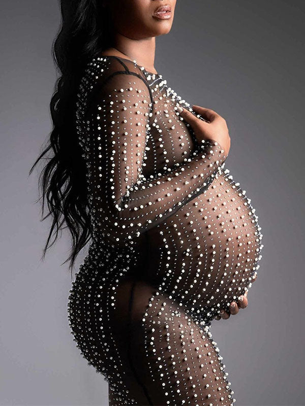 fotobeyou Mesh Solid Color Beading Pearl Rhinestone Long Sleeve Cover-ups Side Slit Photoshoot Maternity Maxi Dress