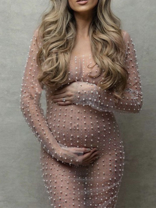 fotobeyou Mesh Solid Color Beading Pearl Rhinestone Long Sleeve Cover-ups Side Slit Photoshoot Maternity Maxi Dress