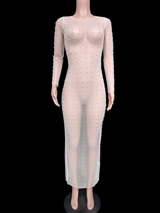 fotobeyou Mesh Solid Color Beading Pearl Rhinestone Long Sleeve Cover-ups Side Slit Photoshoot Maternity Maxi Dress