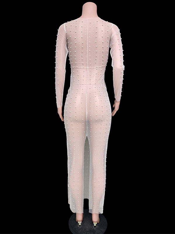 fotobeyou Mesh Solid Color Beading Pearl Rhinestone Long Sleeve Cover-ups Side Slit Photoshoot Maternity Maxi Dress