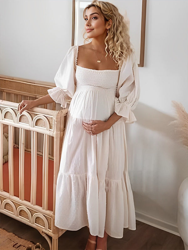 fotobeyou White Off Shoulder Ruffle Shirred Boat Neck Puff Sleeve Bow Bohemian Ivory Maternity Photoshoot Dress